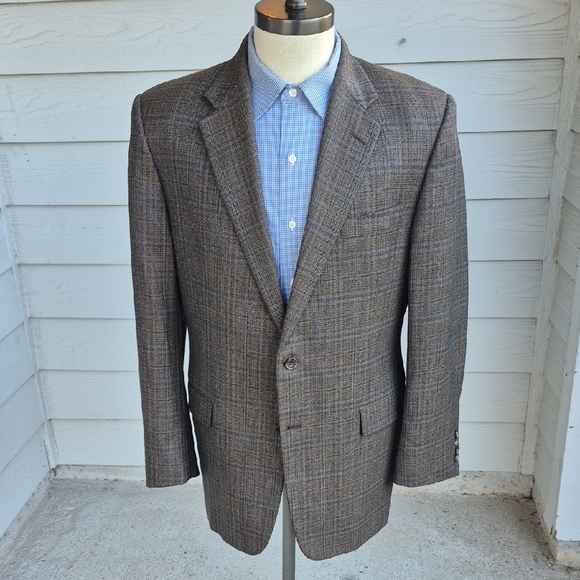 HICKEY FREEMAN Brown Grey Plaid Worsted Wool Mens 42 R Sport Coat Blazer
